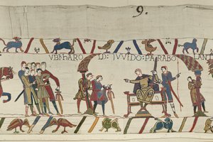 Harold et le comte Guy de Ponthieu discutent ensemble à Beaurain, Tapisserie de Bayeux