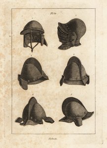 Casque avec mentonnière ouvrante vers le bas à la Tour de Londres 1, casque à double barre 2, et salet avec oreillettes 3-6