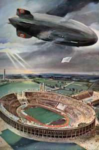 Zeppelin Hindenburg au-dessus du stade olympique, Berlin, 1936