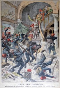 Dans les Balkans : Les Macédoniens se défendant avec des bombes contre les soldats turcs, 1903