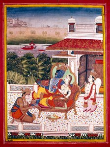 Miniature indienne montrant Krishna et une princesse sur un canapé