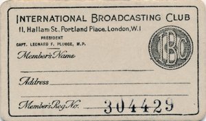 Club international de radiodiffusion : carte de membre, vers 1930