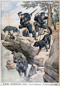 Soldats japonais avec des chiens localisant un Russe caché, guerre russo-japonaise, 1904