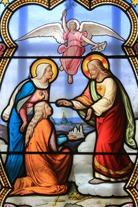 Jésus-Christ et la Vierge Marie. Vitrail. Sanctuaire de Notre-Dame de la Salette, La Salette-Fallavaux, France
