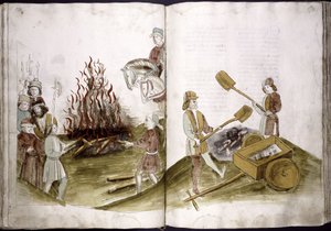 Jean Hus brûlé sur le bûcher le 6 juillet 1415 et ses cendres jetées dans le Rhin de : Chronique du concile d