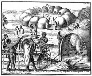Huttes et kraal Khoikhoi, Afrique du Sud, 1931
