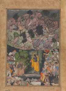 Krishna soulève le mont Govardhan pour abriter les villageois de Braj, Folio de..., ca. 1590-95 - Unbekannt