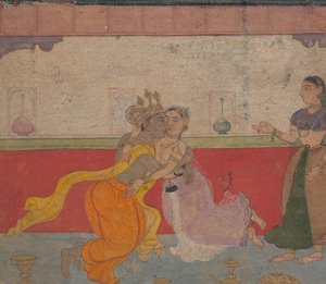 Krishna embrasse Radha: Page du Bréviaire des Amants de Boston Rasikapriya