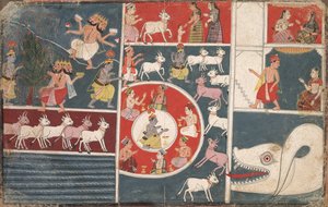 Krishna jouant de la flûte et autres épisodes du Bhagavata Purana, vers 1650