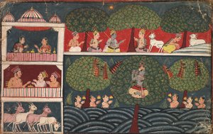 Krishna volant les vêtements des Gopis, Page du Bhagavata Purana, vers 1650