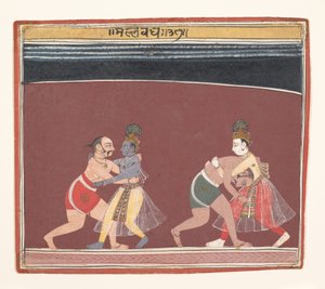 Krishna et Balarama combattent les lutteurs du roi maléfique Kamsa