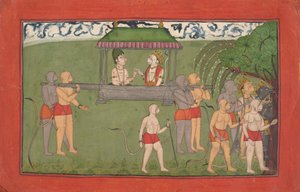 Lakshmana et Sugriva Portés en Palanquin pour Recevoir les Bénédictions de Rama..., vers 1710-25