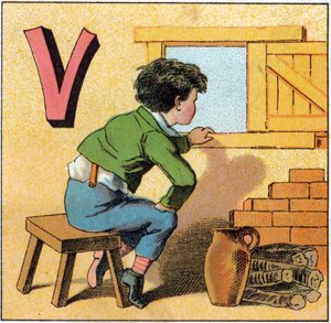 Lettre V comme vasistas. Enfant curieux regardant par une fenêtre. Gravure dans "Alphabet des petits écoliers". Imagerie d