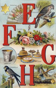 Lettres E F G H; Hirondelle; Éventail; Fleurs; Gâteaux; Tasse; Hachette; Hirondelle. Gravure dans "Alphabet de ma petite fille". Bernardin-Bechet et Fils, libraires-éditeurs, Paris, vers 1895. Album incassable sur toile. Bibliothèque des Bébés. 12 pages. A