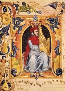 Lettrine avec un homme et un orgue commençant une partition du Codex Squarcialupi (par Antonio Squarcialupi)