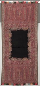 Long châle avec centre noir et galerie exotique à quatre côtés de style chinoiserie