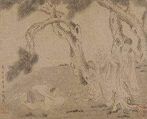 Luohan, assistant et adorateur sous des pins, dynastie Yuan ou Ming, 1279-1644
