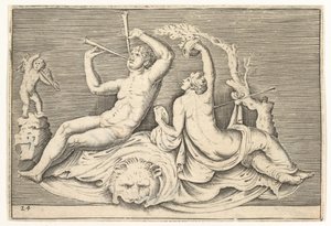 Homme jouant de deux flûtes et femme sur une peau de lion, publié vers 1599-1622 - Unbekannt