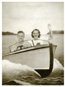 Homme et femme dans un bateau appelé "Miss Wildwood" vers 1940 (photo) - Unbekannt