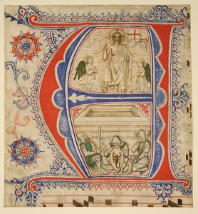 Feuille de manuscrit montrant une initiale illuminée A, seconde moitié du 14e-début 15e siècle