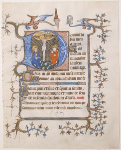 Feuille de manuscrit avec la Crucifixion dans une initiale D, d