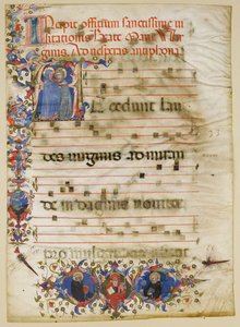 Feuille de manuscrit avec la Visitation dans une initiale A et le cardinal Adam Easton..., italien, ca. 1400