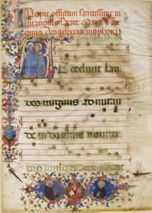 Feuille de Manuscrit avec la Visitation dans une Initiale A et le Cardinal Adam Easton..., vers 1400