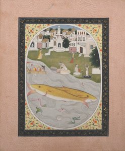 Peinture manuscrite avec scène tantrique hindoue représentant deux poissons, 1800-1820