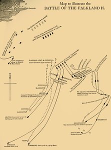 Carte illustrant la bataille des îles Falkland le 8 décembre 1914, vers 1920
