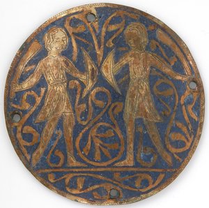 Médaillon avec deux jeunes guerriers avec fauchons et boucliers, français, vers 1240-60