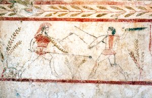Hommes se battant avec des lances, Paestum, 4ème siècle av. J.-C.