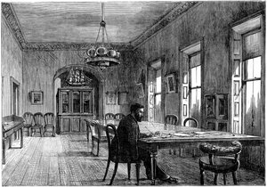 Michael Davitt dans la salle de comité de la Ligue Agraire, Upper Sackville Street, Dublin, 1891