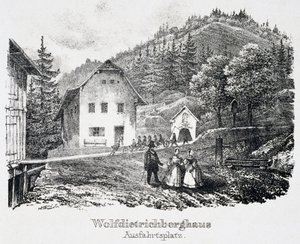 Mine de sel : le bâtiment Wolfdietrich et la sortie de la mine, à Durrnberg, Autriche