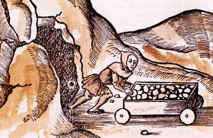 Mineur poussant un chariot depuis une entrée de mine, 1508