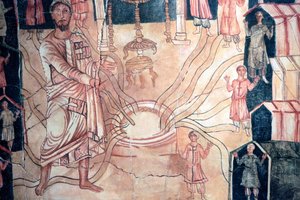 Moïse au puits de Meriba - Peinture de la synagogue de Doura Europos. 3ème siècle CE. Musée juif de New York.