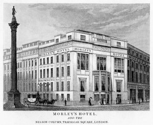 Hôtel Morleys et colonne de Nelson, Trafalgar Square, Westminster, Londres, 19e siècle