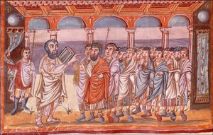 Moïse recevant les tables de la loi, miniature de la Bible de Moutier-Grandval, vers 830-840