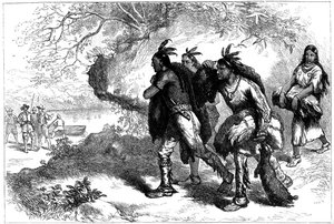 Les Amérindiens apportant des peaux de castor aux commerçants européens, XVIIe siècle, vers 1880 - Unbekannt