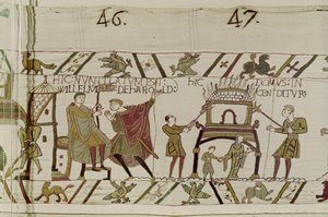 Nouvelles concernant Harold apportées à Guillaume et une maison est brûlée par les Normands, Tapisserie de Bayeux