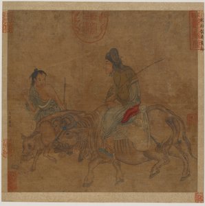 Vieille femme sur un bœuf, avec un garçon de troupeau et un veau