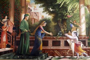 Peinture au Bhaktivedanta Manor représentant le jeune Krishna courant vers Mère Yasoda et Nanda Maharaj (ses parents adoptifs) Watford Grande-Bretagne