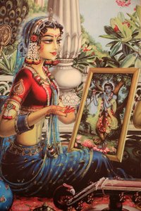 Radha regardant une image de Krishna, Inde