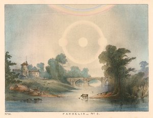 Parhélie, faux soleils combinés avec un halo et un arc-en-ciel