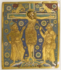 Plaque avec la Crucifixion entre Longinus et Stephaton et des personnifications..., allemand, vers 1200