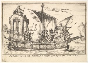 Planche 10 : Agamemnon et Ménélas assis dans un bateau accompagnés d