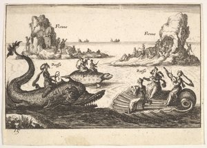 Planche 15 : Rivières et déesses, avec îles flottantes guidées par des porteurs de perches, figure féminine..., 1664