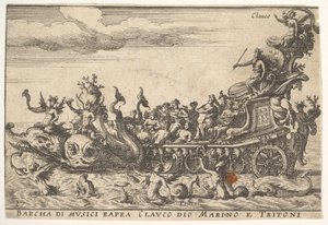 Planche 16 : Navire de musiciens avec le dieu de la mer Glaucus et des tritons Barcha di musici rapra C..., 1664