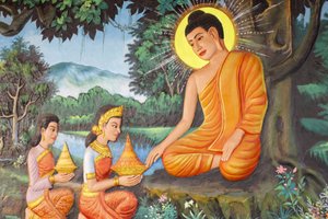 Monastère Preah Prom RathVie du BouddhaLa RenonciationUn matin, une fille nommée Sujata offrit à Siddhartha un délicieux porridge de lait et de riz, Siem Reap, Cambodge - Unbekannt
