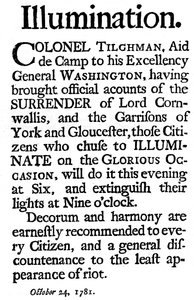 Proclamation des illuminations commémorant la reddition du général Cornwallis, 1781