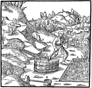 Production de sel par évaporation de saumure naturelle en la versant dans une fosse de charbon ardent, 1556